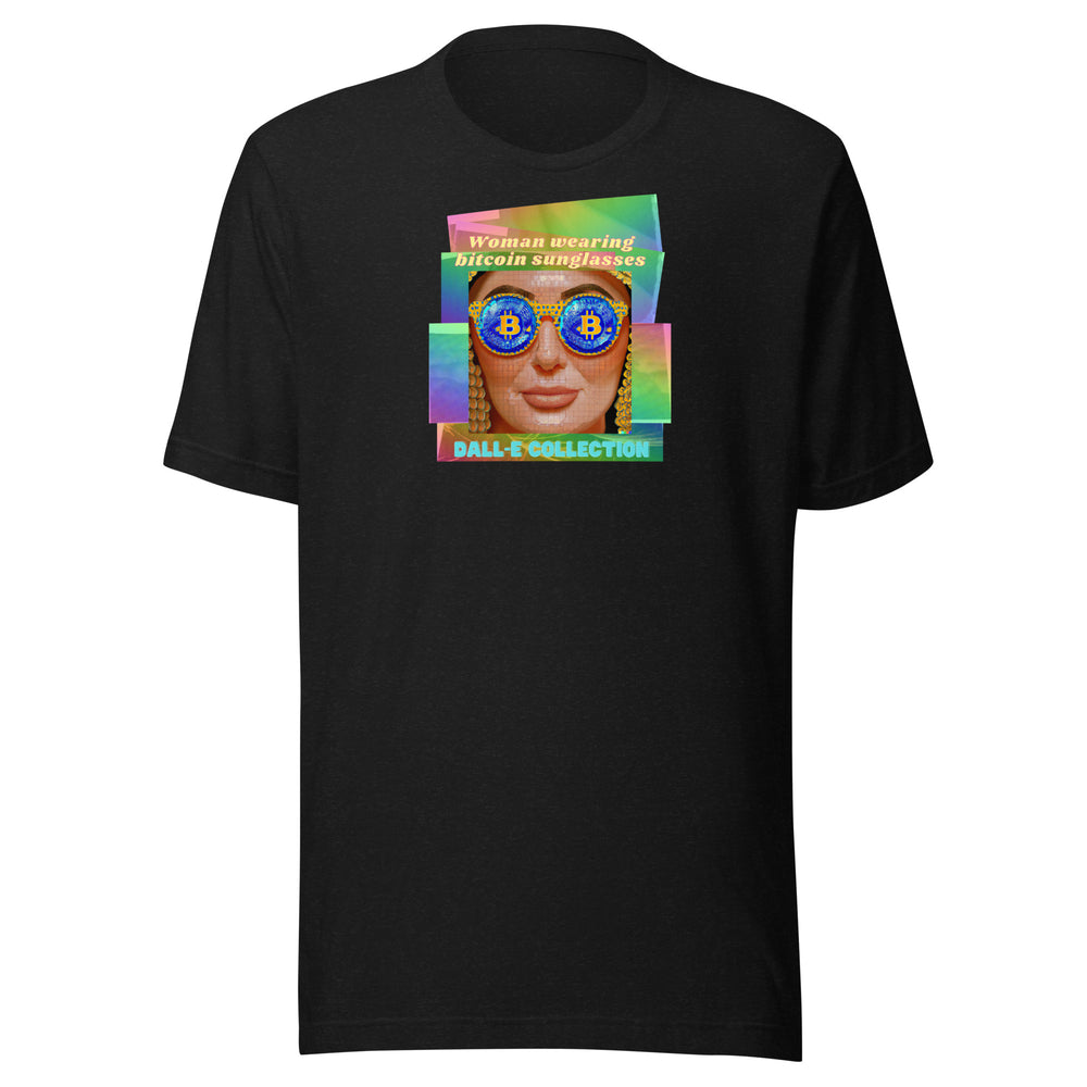 Woman Wearing Bitcoin Sunglasses - DALL-E Collection - Unisex t-shirt